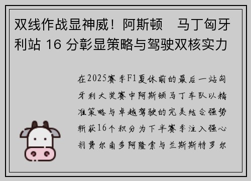 双线作战显神威！阿斯顿・马丁匈牙利站 16 分彰显策略与驾驶双核实力
