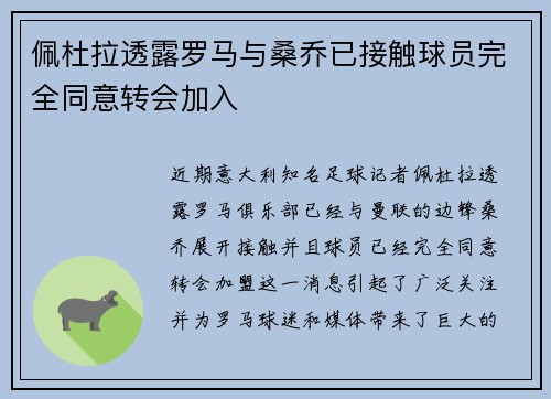 佩杜拉透露罗马与桑乔已接触球员完全同意转会加入